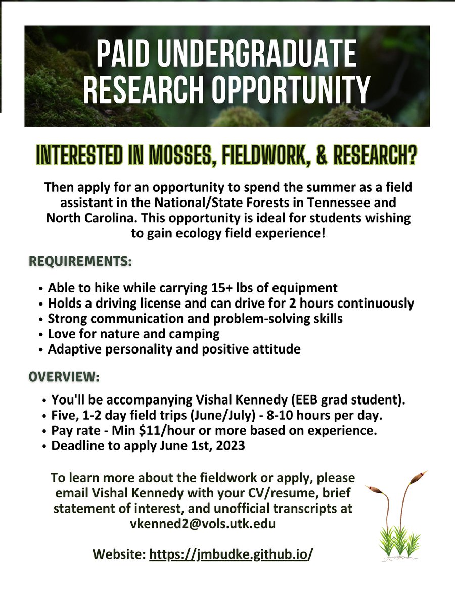 UTKHerbarium's tweet photo. Paid research opportunity for a @UTKnoxville undergrad! @UTK_EEB  PhD student Vishal in the @MossPlants lab is looking for a field assistant this summer. Get paid to hang outside and learn about #mosses?! YES PLEASE! #mossmonday 
@utkresearch @utplantsciences @utplantscienceclub https://t.co/XTKDqb8qAR