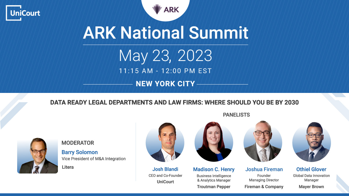 1 day to go! @UniCourtInc CEO @JoshBlandi is speaking at #ARKNational2023 on Data Ready Legal Departments and Law Firms with Madison Henry, Othiel Glover, @JoshuaFireman, and @BarrySolomon16 as moderator.

#LegalTech #LawFirms #LegalOps #APIs
