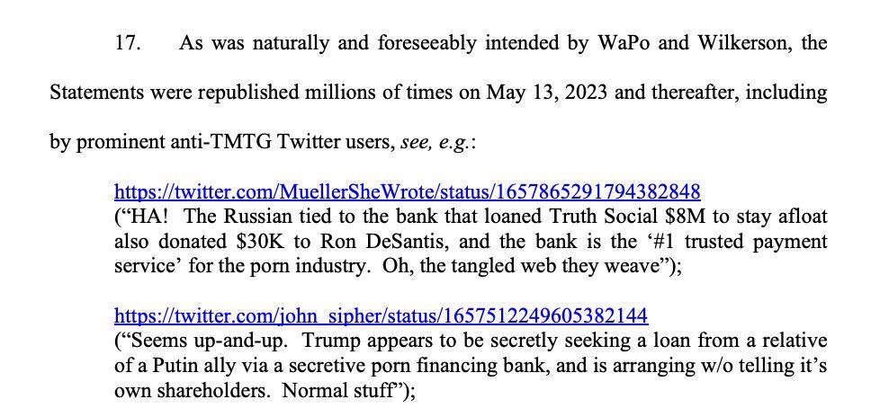 I HAVE ARRIVED! Donald has sued the <a href="/washingtonpost/">The Washington Post</a> for defamation seeking $3.7B, and GUESS WHO is listed among the prominent anti-trump twitter users in the lawsuit? 😂🤣