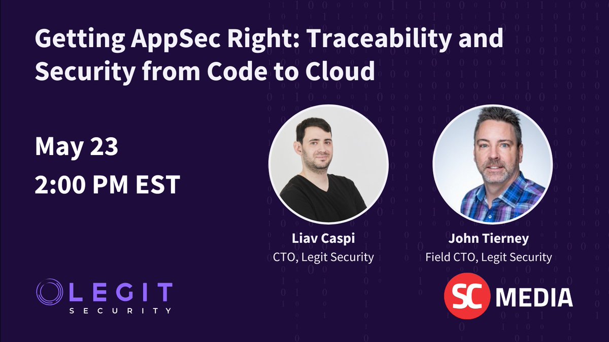 LegitSecurity1's tweet image. Join our webinar tomorrow to hear from Legit Security CTO Liav Caspi and Field CTO John Tierney about the benefits of #codetocloud traceability and how to build security into your #CICDpipelines to ensure secure app delivery at scale. Register now: hubs.li/Q01QFcdL0