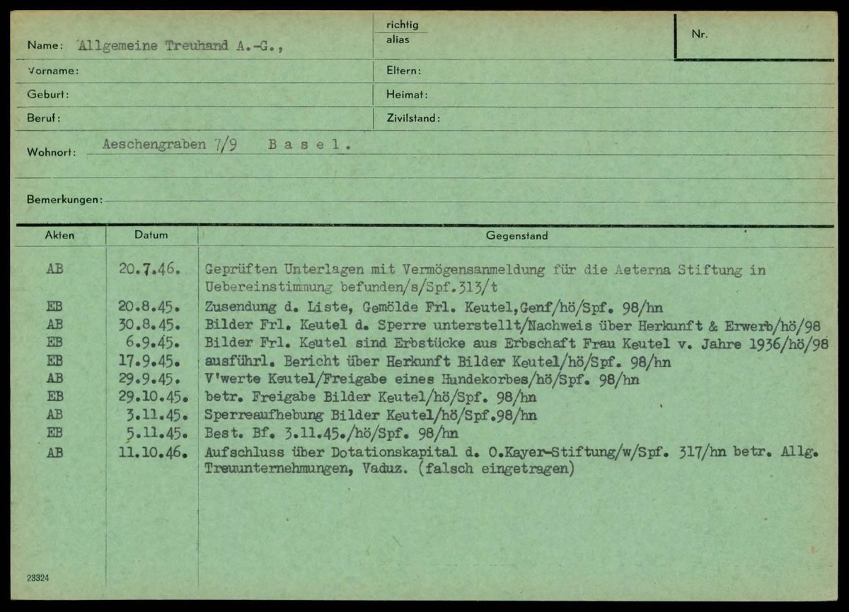 In der Spezialfall-Kartothek verzeichnete die «Abteilung für die Liquidation deutscher Vermögenswerte» Personen, zu denen es nach dem Zweiten Weltkrieg Abklärungen gab. Bild: Karteikarte  «Allgemeine Treuhand A.-G.» aus dem online verfügbaren Dossier recherche.bar.admin.ch/recherche/#/de…