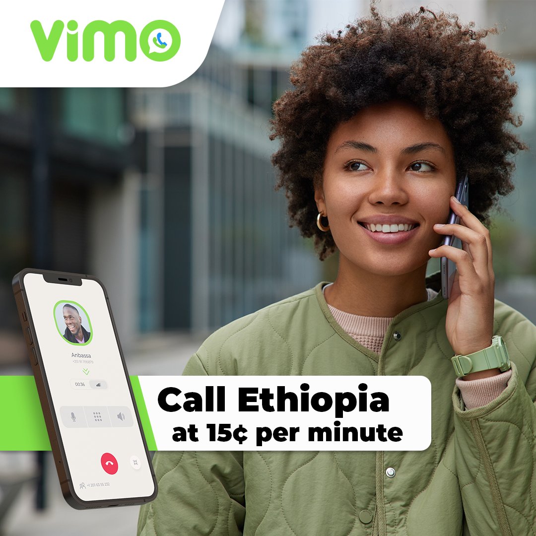 📞 Calling all friends and family in USA! 🇺🇸🇪🇹

✨ Enjoy high-quality calls to Ethiopia for just 15¢ per minute! 🤩🎉  Stay connected and save big with Vimo! 💙🌐

#Ethiopia #VimoApp #CallEthiopia #AffordableConnections