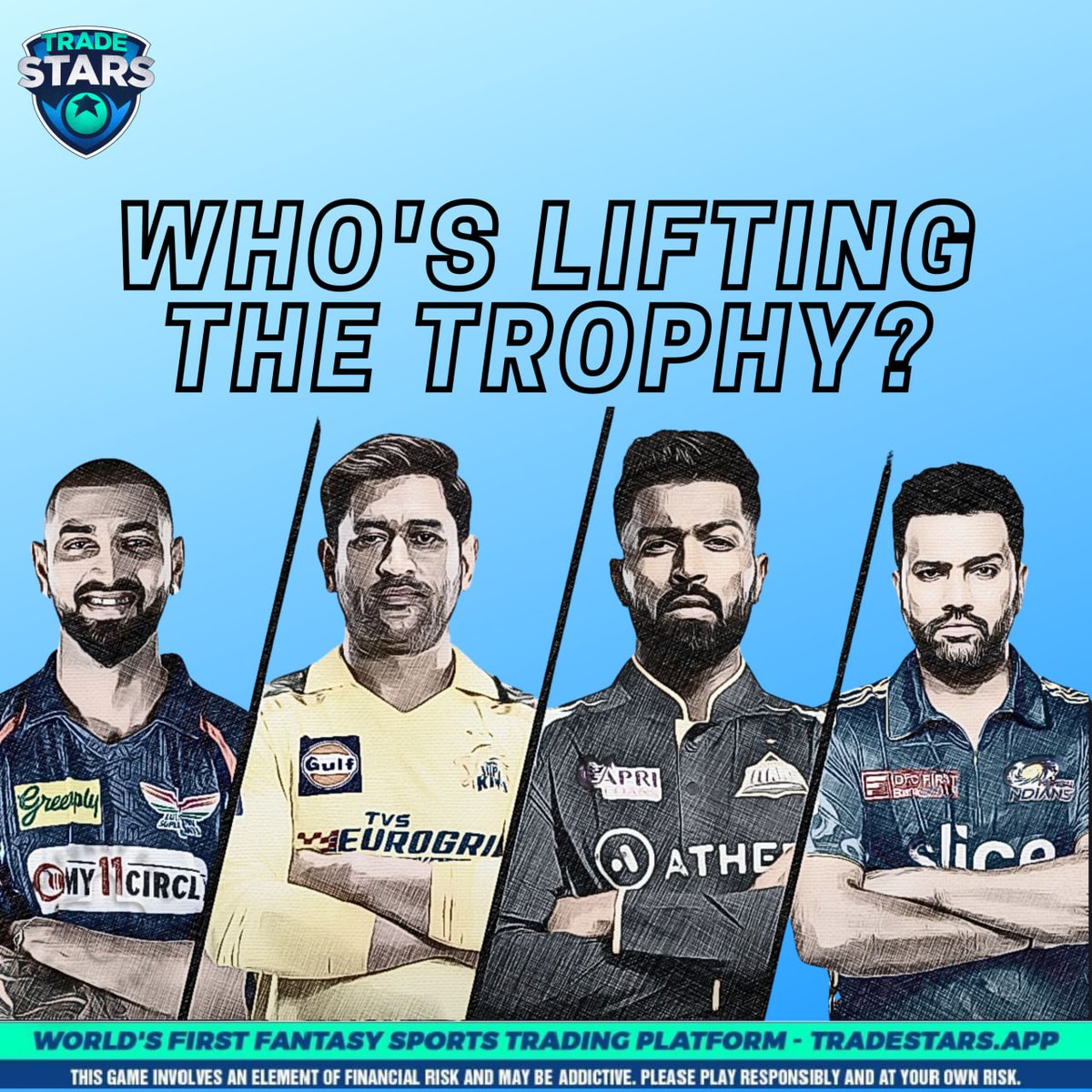 TradeStarsOK's tweet photo. ๐ The 2023 edition of the #IPL is approaching its end. After a thrilling league stage, the #playoffs are next.
๐ฅ Get ready to earn HUGE this IPL #Playoff games by participating in Daily Challenges and trading #FantasyStocks only on #TradeStars.
#MI #CSK #GT #LSG #IPL 2023 https://t.co/xbD5F6Dq1f