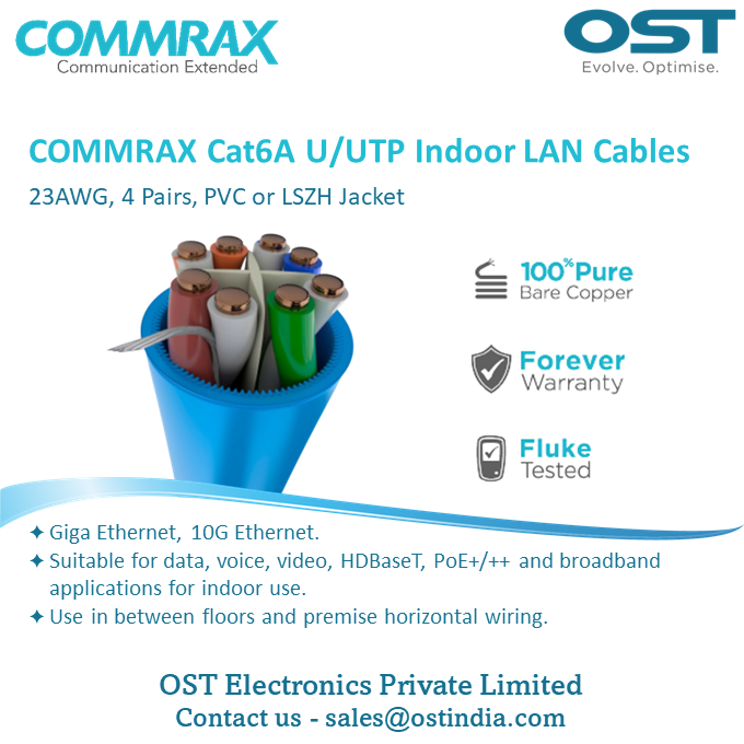 COMMRAX Category 6A U/UTP Indoor LAN Cables
23AWG, 4 Pairs, PVC or LSZH Jacket

✦ Forever Warranty 

Contact us - sales@ostindia.com

#commrax #lancables #ethernetcable #Cat6A #networkingcables #networking #StructuredCabling #cablingsolutions #cabling #ostelectronics #cat6