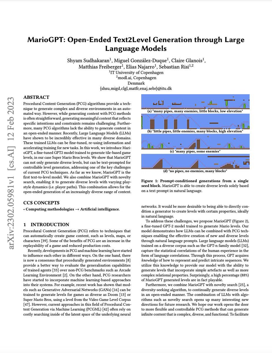 Montreal_AI's tweet photo. MarioGPT: Open-Ended Text2Level Generation through Large Language Models
Sudhakaran et al.: https://t.co/rRjGPZ1HUC
#ChatGPT #LargeLanguageModels #ProceduralContentGeneration https://t.co/6W8i9rOq1b