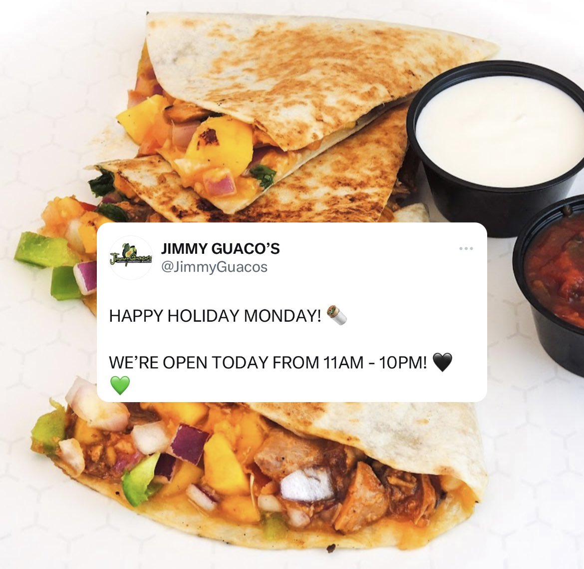 JimmyGuacos's tweet photo. WE’RE OPEN TODAY! Come see us! 💚🖤 https://t.co/Hn5xzOw9qR