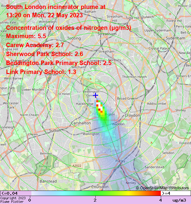 plumeplotter's tweet photo. Latest South London incinerator plume plot, 13:20  22/05/23 #Roundshaw #Wallington #Bandonhill  https://t.co/qArVHySiNA https://t.co/20ioM66EBd