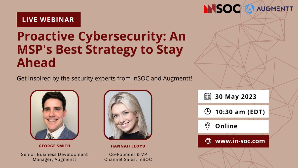 WEBINAR ALERT!

inSOC &amp; <a href="/augmentt_com/">Augmentt</a> have joined forces to show you how to implement a proactive cybersecurity approach. 

Register now: bit.ly/3WowQMJ

Can't make that date? Register anyway and we'll send you the recording!

#webinar #techwebinar #MSP #cybersecurity