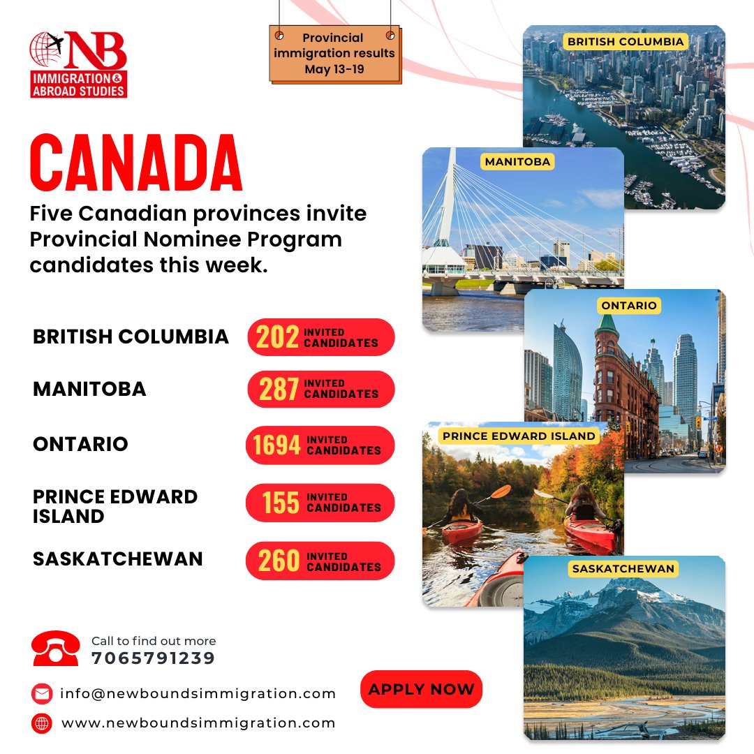 new_bounds's tweet image. Five Canadian provinces invite Provincial Nominee Program candidates this week.

Apply Now - bit.ly/newboundsdelhi

#canadaimmigration #pnpprogram #immigratetocanada #canadaprs #India #immigration #canada #expressentry #newboundsimmigration
