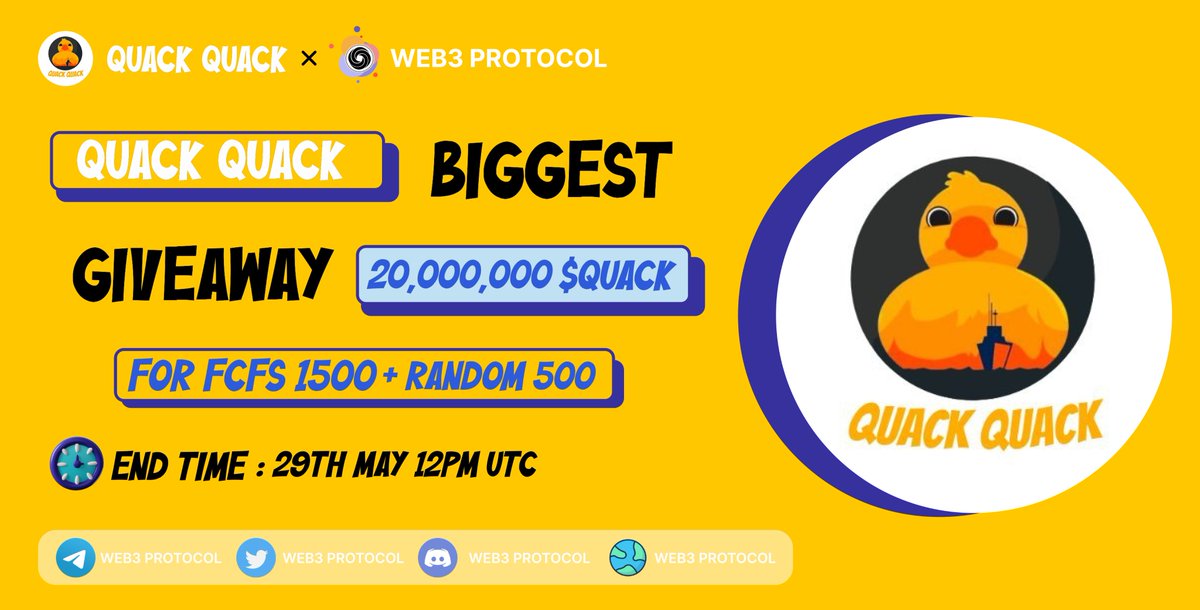 Web3_Protocol's tweet image. 🎉Web3 Protocol X Quack Quack Giveaway

🏆Prize Pool:- 20M $QUACK ( FCFS 1500 + RAND 500)

To Enter:- 
✔️Follow @Web3_Protocol &amp;amp; @quackquackinu
✔️Like and RT 3 friends
✔️Fill form :- tinyurl.com/29cwz36c

#Airdrop #Giveaway #Giveaways #quackquackinu