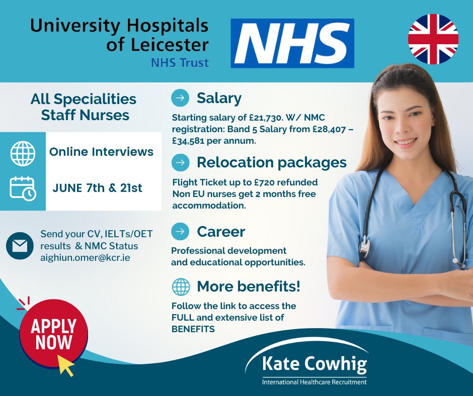 🩺 🇬🇧 Attention Staff Nurses! Are you looking for a new challenge in a globally recognised hospital? KCR has exciting opportunities for Staff nurses to join Leicester University Hospitals.

ℹ️ kcr.ie/job/staff-nurs…

#NHSjobs #NHSnurses #KCRnurses
