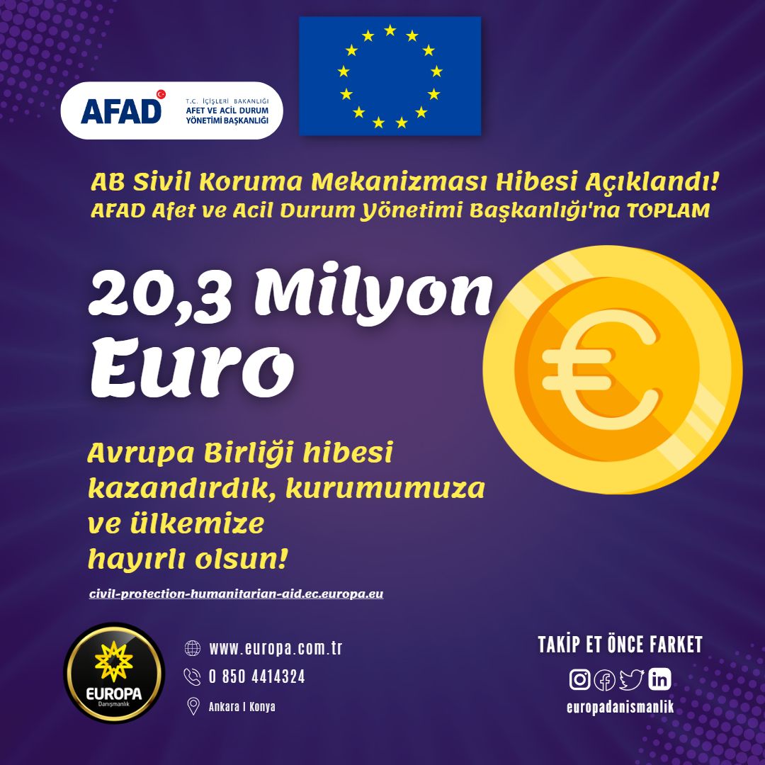 Avrupa Birliği Sivil Koruma Mekanizması kapsamında AFAD Afet ve Acil Durum Yönetimi Başkanlığı'na 'Developing rescEU Shelter Capacity in Turkey' ismi hazırladığımız proje ile 20,3 milyon avro hibe desteği aldık. Kurumumuza ve ülkemize hayırlı olsun. #avrupabirliği #europeanunion