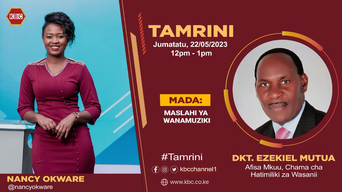 Join our CEO @EzekielMutua this afternoon from noon on @KBCChannel1 , #Tamrini show hosted by @nancyokware to discuss the status of the music industry in Kenya and the role of MCSK in promoting the welfare of artists. #MCSKat40