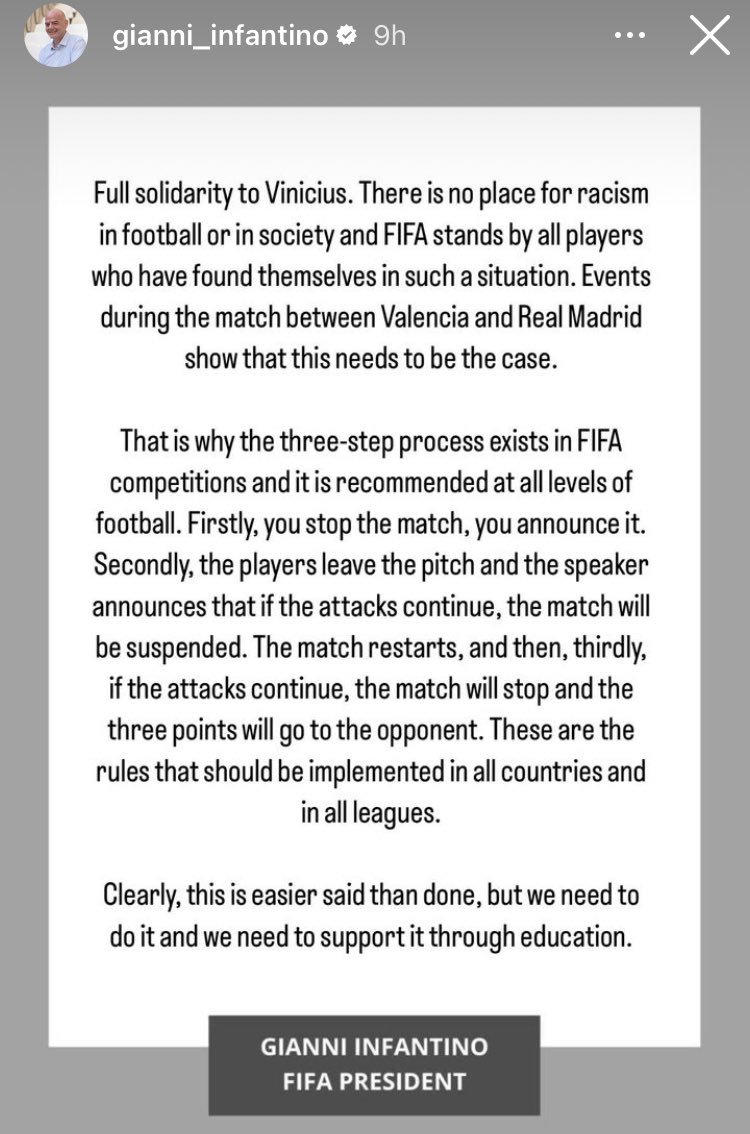 This from <a href="/fifa/">fifa</a> is delusional. And very much part of the problem. 
In what other industry would you get three opportunities to be discriminatory towards someone?
Black footballers around the world don’t need any more solidarity or  stock statements. They need action. #ViniciusJr