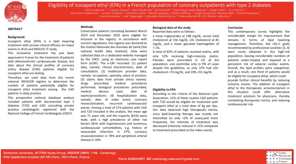 #EASCongress2023 #myEAS ePoster about eligibility to #EPA in a population of unselected #CAD patients with #T2D. One-third is eligible according to current indications #REDUCE-IT