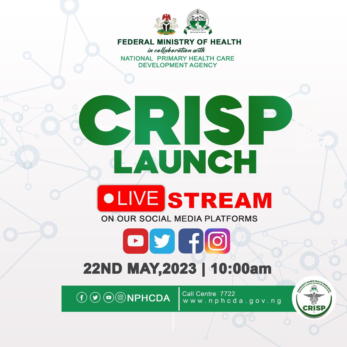 NphcdaNG's tweet photo. 📢 📢 📢 📢 📢
Going live IN ONE(1) HOUR
Join us as we launch the “COMMUNITY-BASED HEALTH RESEARCH INNOVATIVE-TRANING AND SERVICES PROGRAM.”
🕙 10AM
Stream Live via⤵️
🔗 Facebook
🔗Twitter
🔗Instagram and YouTube
#CRISPHRHoptimization
#TransformPHC https://t.co/S5fPiKMRiG