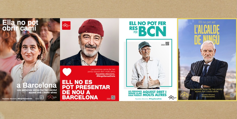 ArrelsFundacio's tweet photo. Hem transformat els cartells d’alguns dels candidats  de les principals formacions que es presenten a l’alcaldia de Barcelona  per evidenciar com d’inversemblant és el fet que una persona sense llar  pugui transformar-se en un actor polític de pes. 🧵 https://t.co/KRCK37FTo9