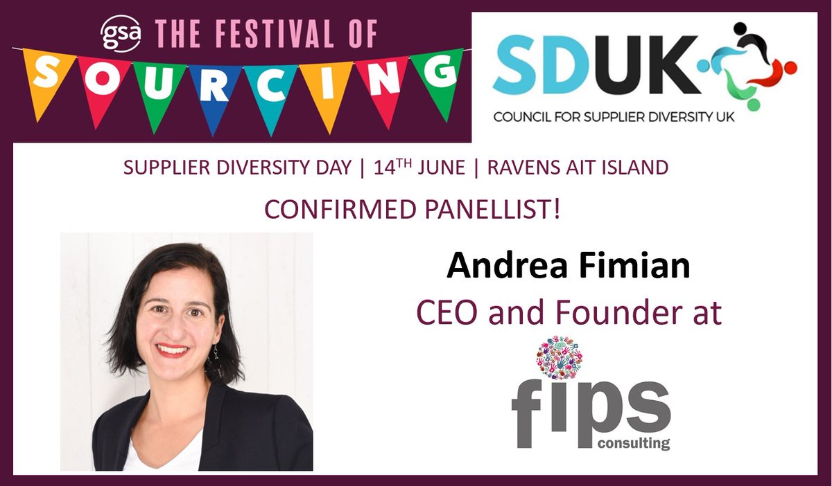 GSA_UK's tweet photo. We are delighted to announce Andrea Fimian, Founder &amp; CEO at FIPS Consulting as a panellist for the Supplier Diversity Day at the GSA Festival of Sourcing on the 14th June.

 Register here: https://t.co/DiJ3BkTodD #supplierdiversity #procurement #DiversityandInclusion #ESG https://t.co/6vhXdtelEu