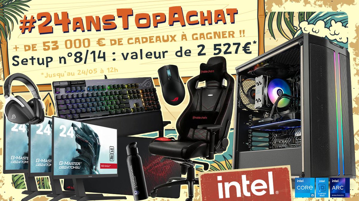 Concours 🎁 #24AnsTopAchat 🔥 + de 53 000 € de cadeaux à gagner ! 🔥 Place au #Setup8 de 2527 € ! Pour participer ☑ #RT ce tweet ☑ Follow @TopAchat Participe aussi sur TikTok / Discord / Insta / Facebook topachat.com/p/content/conc… 🍀 TAS le 24/05 à 12h