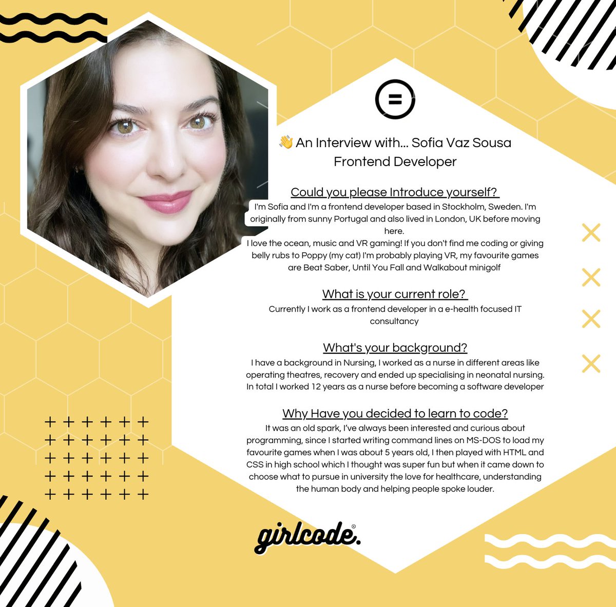 👋 An Interview with Sofia Vaz Sousa - Frontend Developer based in Sweden! Thank you for your time Sofia and welcome to the team! lnkd.in/etXr2GBw

#team #thankyou #community #news #newsletter #girlcode #womenintech #womenintechnology #womenengineers @ChorusAB