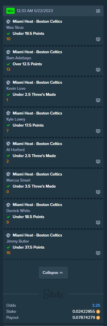 Nice 8 fold hits for us in the sleeper. Going live again now on kick after a x300 day yesterday. 
Come and join
#NBA #NBAPlayoffs #MiamiHeat #BostonCeltics #KickStreaming #Rdto1btc #bettingexpert