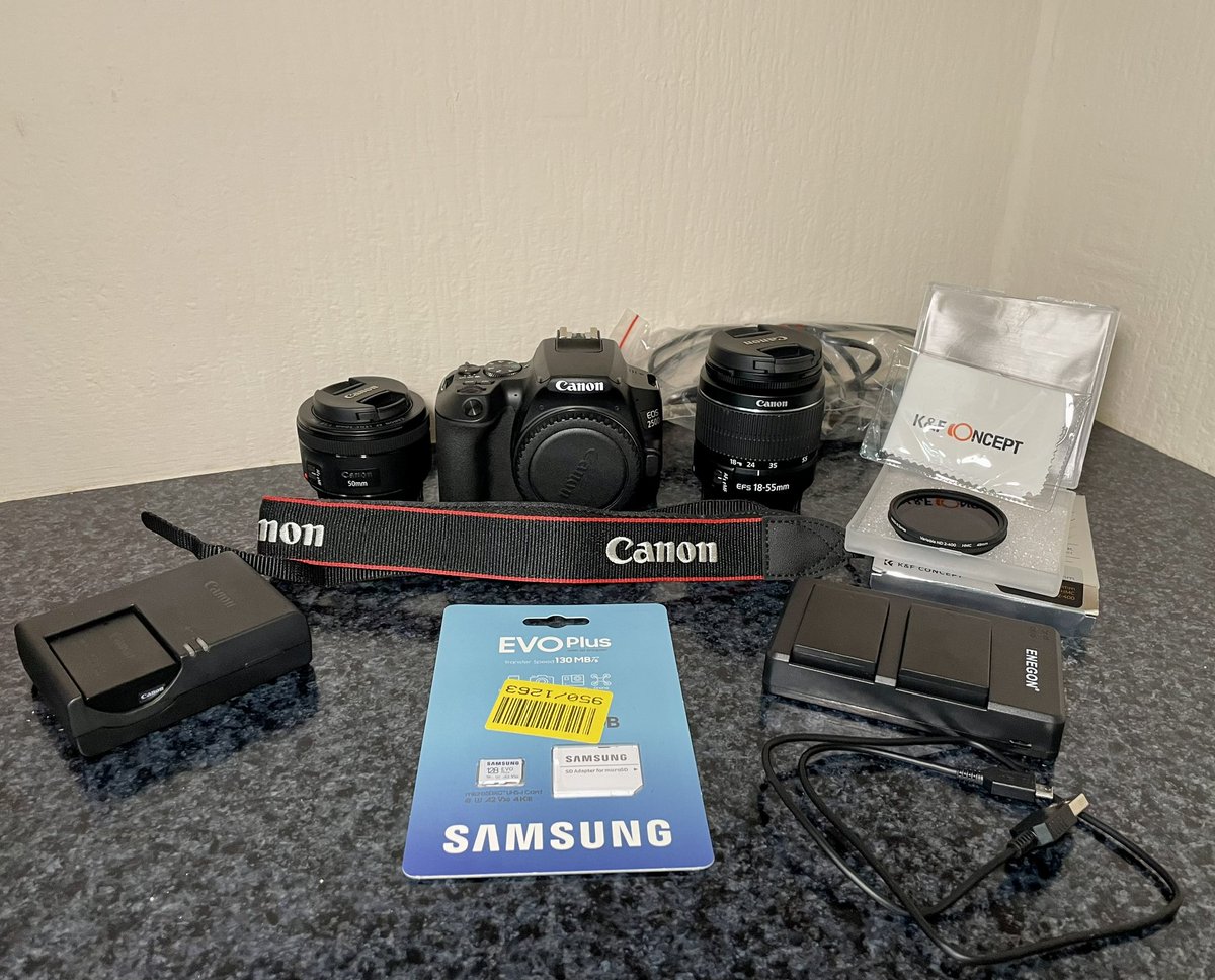 For sale 
•Cannon 250D, 24 megapixel with 4K video
•50mm Cannon EF F1.8 lens AF/MF
•18/55mm Cannon EFS F3.5-5.6 lens AF/MF
•K&F Concept 49mm Variable ND Filter for the 50mm lens 
•Cannon battery with charger
•2 extra batteries with charging station 
•Samsung EvoPlus 128gb