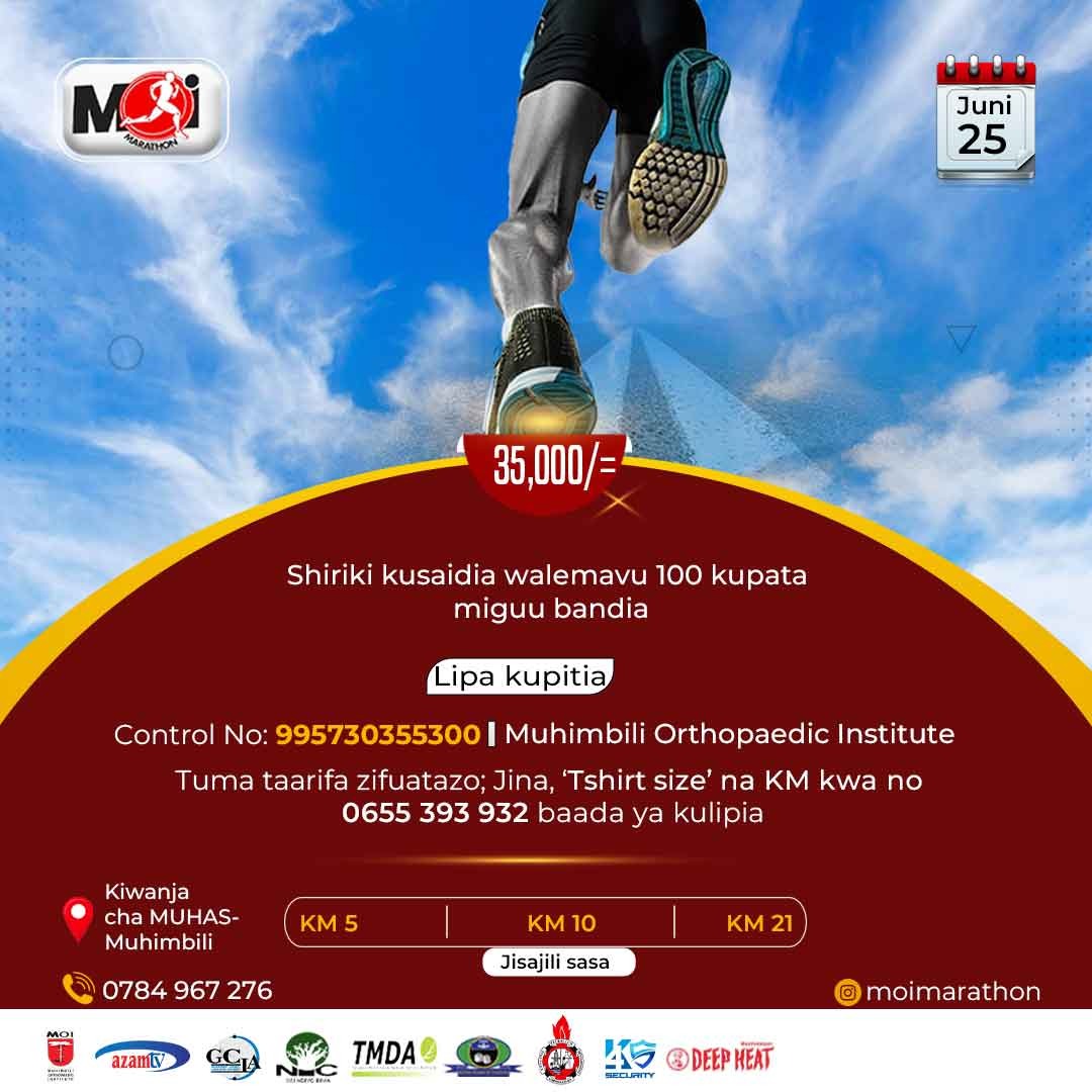 koncept_tv's tweet photo. Taasisi ya Tiba ya Mifupa Muhimbili - MOI imeandaa msimu wa tatu wa mbio wa mbio ya MOI marathon 🏃‍♂️🏃‍♀️🏃

Lini: Tarehe 25/06/2023

Mahali: Kiwanja cha Chuo cha Afya Shirikishi Muhimbili (MUHAS)

Lengo: kusaidia walemavu 100 wenye uhitaji wa miguu bandia

Umbali: KM 5, KM 10, KM 21

Jiandikishe kwa kulipia Tsh 35,000 kupitia Control no: *995730355300

Jina: Muhimbili Orthopaedic Institute

Baada ya kujisajili tuma taarifa zako ( Jina, umbali na size ya T-shirt unayovaa 👉🏻 0655 393 932

Kwa Mawasiliano zaidi
📞0784 967 276

https://t.co/bCf7L6EG7d