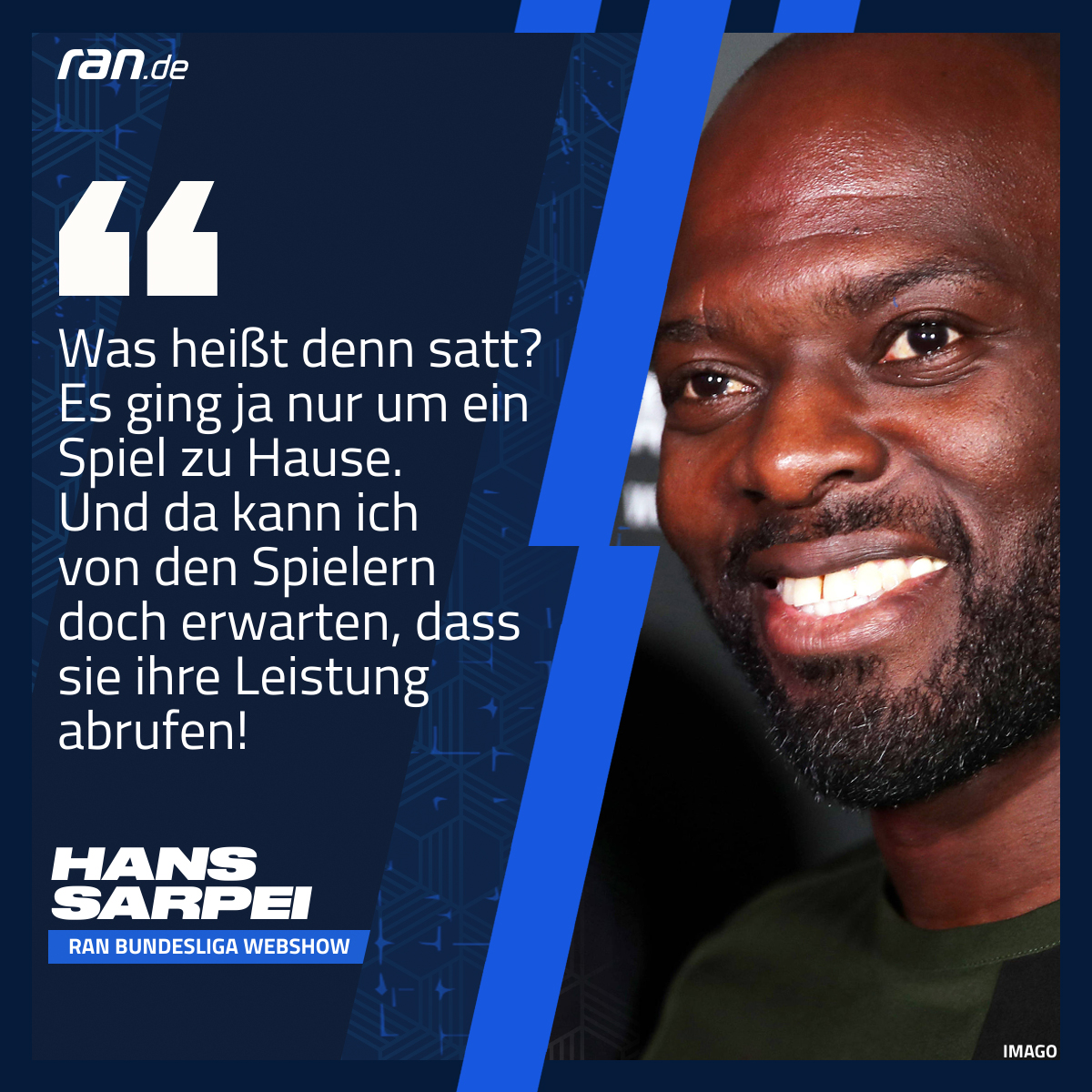 ransport's tweet photo. Hat der #FCBayern gegen Leipzig verloren, weil er nicht mehr hungrig auf Titel ist? Kult-Kicker Hans #Sarpei widerspricht in der #ranBundesligaWebshow vehement! https://t.co/mQjhCC1bMP