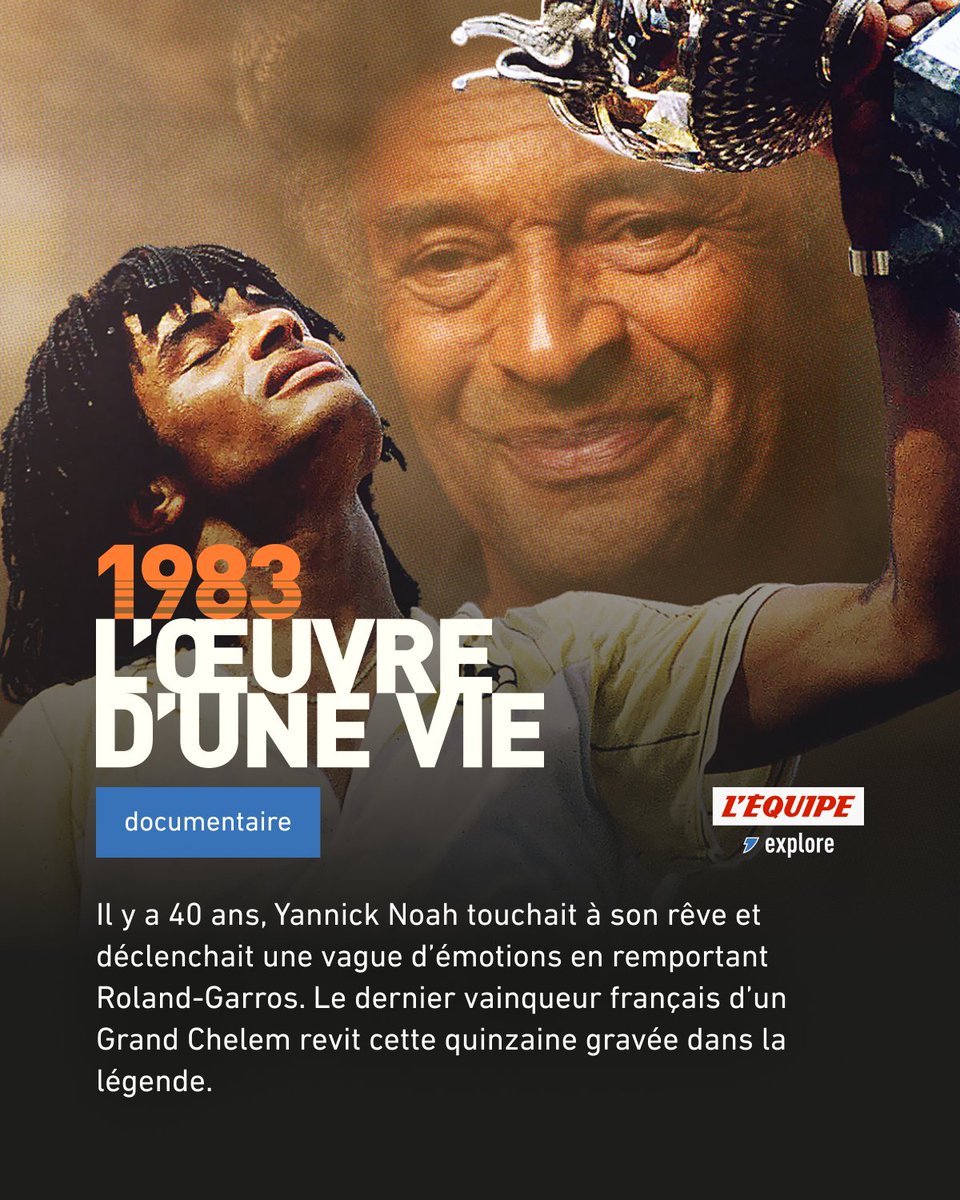 𝟭𝟵𝟴𝟯, 𝗹'𝗼𝗲𝘂𝘃𝗿𝗲 𝗱'𝘂𝗻𝗲 𝘃𝗶𝗲 🎾
Il y a 40 ans, Yannick Noah touchait à son rêve et déclenchait une vague d'émotions en remportant Roland-Garros. Le dernier vainqueur français d'un Grand Chelem...

À découvrir sur <a href="/lequipeEXPLORE/">L'ÉQUIPE explore</a> 
📲 lequipe.fr/explore/video/…