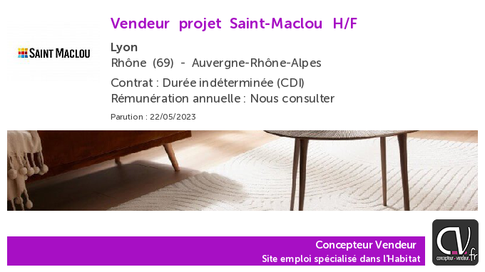 ConcepteurV's tweet photo. Offre d'emploi  Vendeur projet - Saint-Maclou - Lyon (69) https://t.co/glWKI6AVq6 https://t.co/bRvxVQoq7S