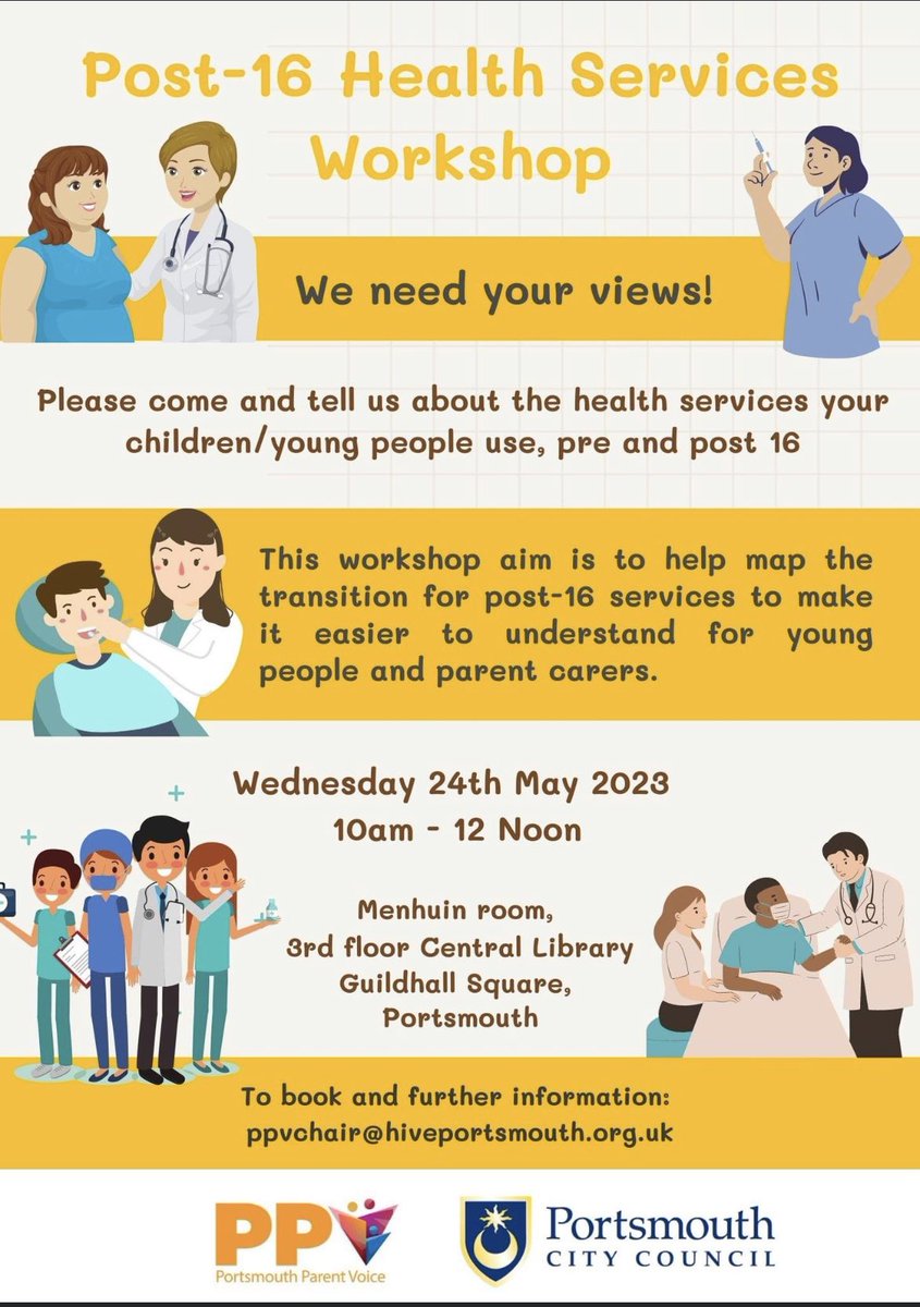 Post-16 Health Services Workshop. 

This workshop aim is to help map the transition for post-16 services to make it easier to understand for young people and parent carers.

To book and further information:  ppvchair@hiveportsmouth.org.uk
