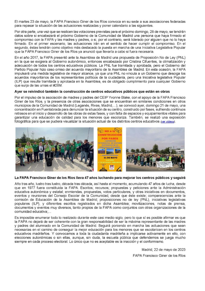 1. La campaña FAPA #PorqueNoHacenNada,consigue sus primeros objetivos clave en la #PuertadelSol 
👉🏻PLATAFORMA AUTONÓMICA POR LA
CLIMATIZACIÓN Y ACONDICIONAMIENTO DE LOS
CENTROS EDUCATIVOS PÚBLICOS

2. Concentración en Fuenlabrada <a href="/AmpaYvonneBlake/">AMPA Yvonne Blake</a>
👇🏻
fapaginerdelosrios.org/documentos?Ent…