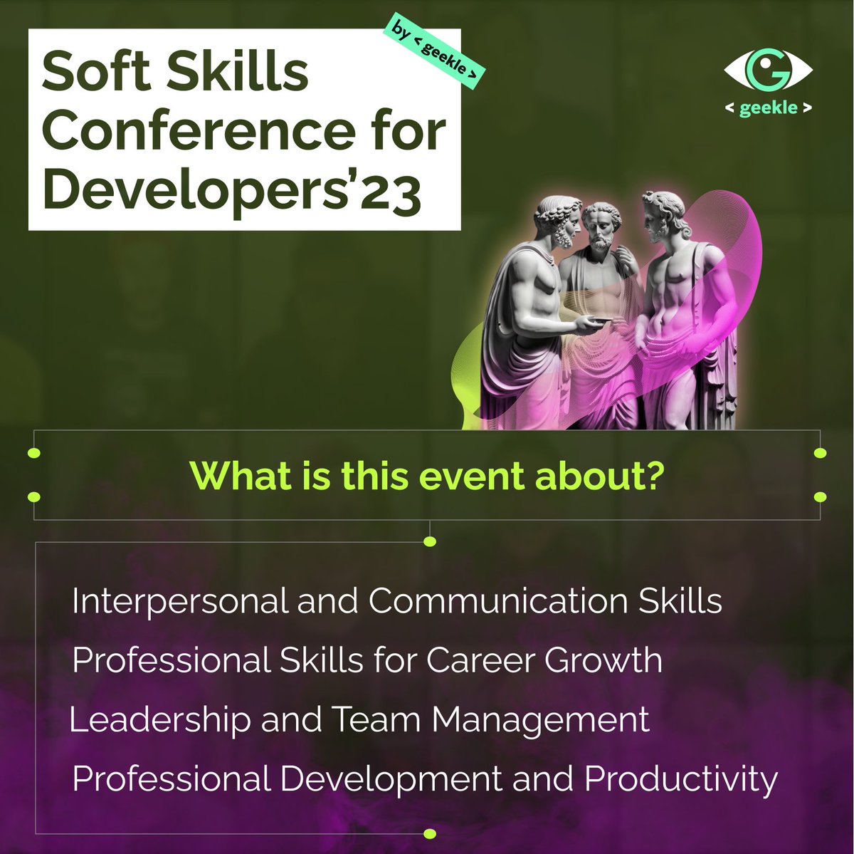 💥Soft Skills Conference for Developers'23💥 2023, June 27 What to expect? 🔹1000+ Registrations 🔹15+ Speakers 🔹12+ Hours of Deep Tech Content Buy your early bird ticket now events.geekle.us/softskills/