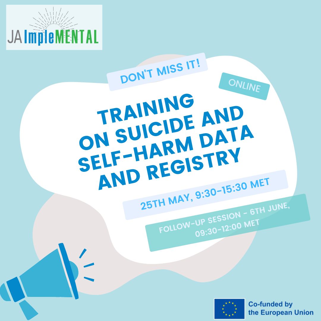 JA_ImpleMental's tweet photo. The training within the JA ImpleMENTAL’s WP6 on suicide and self-harm data and registry will take place online (via Zoom) on the 25th of May (9:30-15:30 MET) with a follow-up session on the 6thof June (9:30-12:00 MET)
Register here (until 23rd of May): https://t.co/ovlYCb5E1W. https://t.co/AQ5U45RuvL