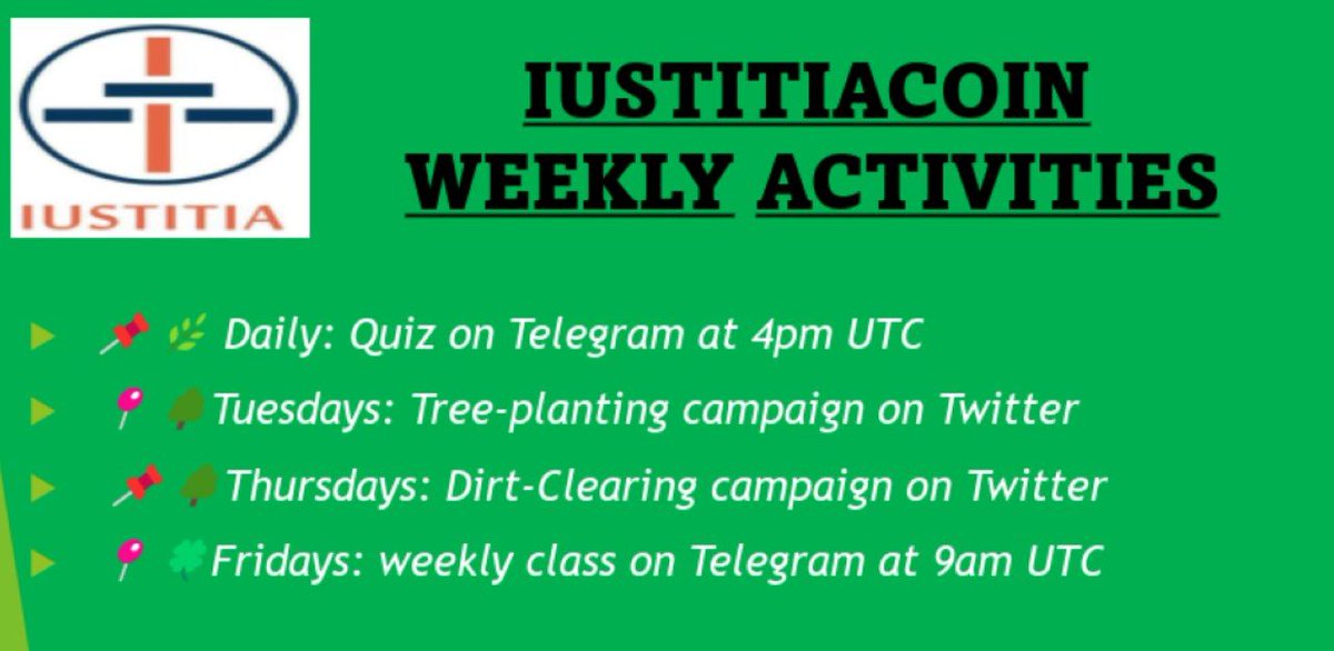 IustitiaCoin's tweet photo. GM!

We are rolling out different campaigns as an avenue for the Community to earn more IUS coins, freely. 

Kindly participate in all of the campaigns to boost your holdings.

On each campaign day, the details would be specified. 

The week is green!  💚

#Green #sustainability https://t.co/T9w8aUcdD4