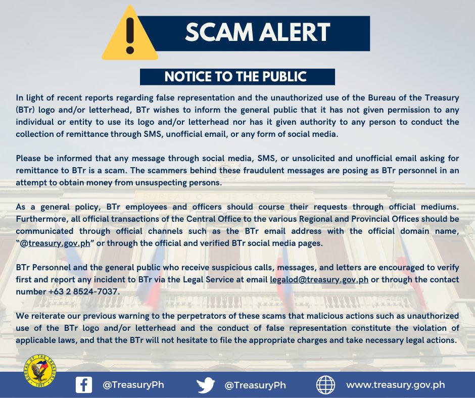 TreasuryPh's tweet photo. #NoticeToThePublic: In light of recent reports regarding false representation and the unauthorized use of the Bureau of the Treasury (BTr) logo and/or letterhead, BTr wishes to inform the general public that it has not given permission to any individual or entity (cont’d) https://t.co/3ytdEe67Gn