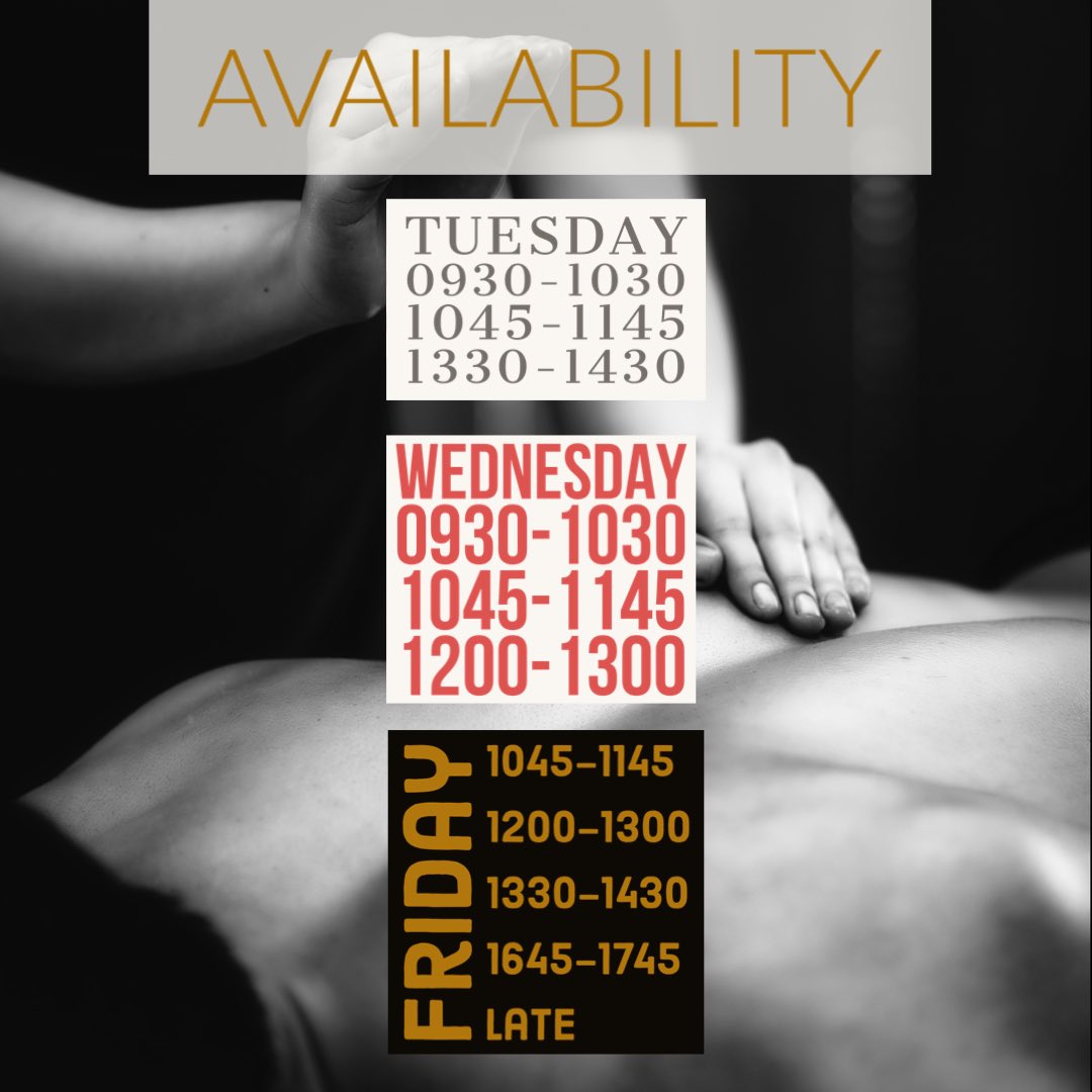 Availability this week 
 
Get booked in! Im off on hols 27/05 - 0/06 so nows the chance! 

#sleaford #Lincolnshire #sportsmassage #massage #relax #appointmentns #injuryprevention #holistichealth #health #relaxation #relaxandunwind #eastmidlands #uk #england #MassageTherapist