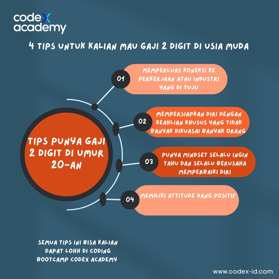 codexacademyid's tweet image. Di bootcamp kita kalian bisa loh dapet tips-tips ini. Selain dapet tips, kalian bisa memperluas jaringan di dalam industri IT dan juga mendapat skill khusus yang belum banyak orang bisa lakukan.

Jadi tunggu apa lagi buruan yuk daftar bootcamp Code X Academy!!!
#CodeXAcademy