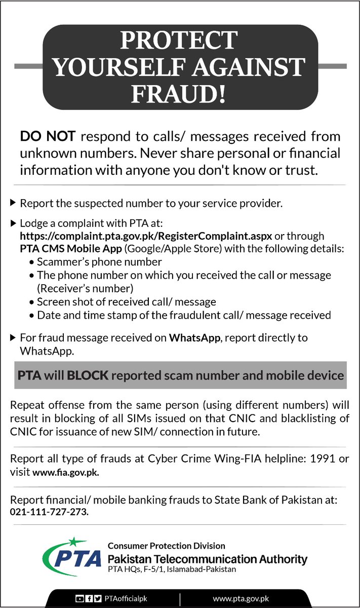 PTAofficialpk's tweet photo. ✔️DO NOT respond to calls/ messages received from unknown numbers. 
✔️Report the suspected number to service provider.
✔️Report to PTA at:
https://t.co/8VVtJR4EEy or through PTA CMS Mobile App. https://t.co/0ahSwfjmkQ