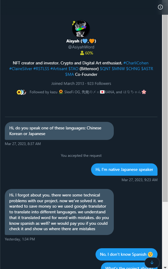 mitsunoinweb3's tweet photo. 100% SCAM 🚨🚨🚨
彼は彼のゲームの翻訳を作るために私に$800を提供しています! 🤣🤣🤣
見知らぬ人からのそのような申し出のために決して落ちない!
He offers me 800$ to translate his game!
Nevef fall for such offers from strangers!
@AsiyahWord  
@2023MWorld https://t.co/wPcPa1ujzY