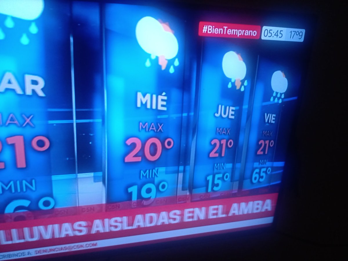 El viernes mínima de 65°... y lluvia. #OMG
<a href="/C5N/">C5N</a> jajaja.