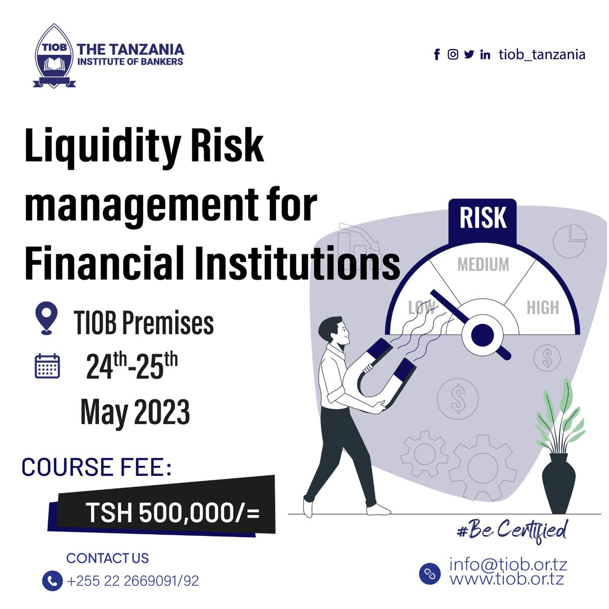 tiob_tanzania's tweet photo. 2 days remaining to Liquidity Risk Management for Financial Institutions training 
🗓️from 24th - 25th May 2023
#BeCertified #bookyourseatnow 
#tiobtrainings 
#liquidityriskmanagement https://t.co/ib0VxZhyIr