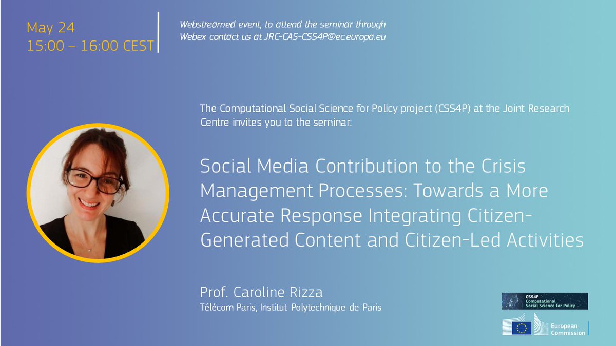 Serena Signorelli (@sere_signorelli) on Twitter photo 📣This Wednesday, May 24 at 15:00 CEST you can join our third #CSS4P seminar on "Social Media Contribution to the Crisis Management Processes" by Prof.
<a href="/CarolineRizza1/">Caroline Rizza</a>
. Follow the seminar here: europa.eu/!jF9JqY More info at europa.eu/!PGPgqJ #CSS #crisismanagement 📣This Wednesday, May 24 at 15:00 CEST you can join our third #CSS4P seminar on "Social Media Contribution to the Crisis Management Processes" by Prof.
<a href="/CarolineRizza1/">Caroline Rizza</a>
. Follow the seminar here: europa.eu/!jF9JqY More info at europa.eu/!PGPgqJ #CSS #crisismanagement