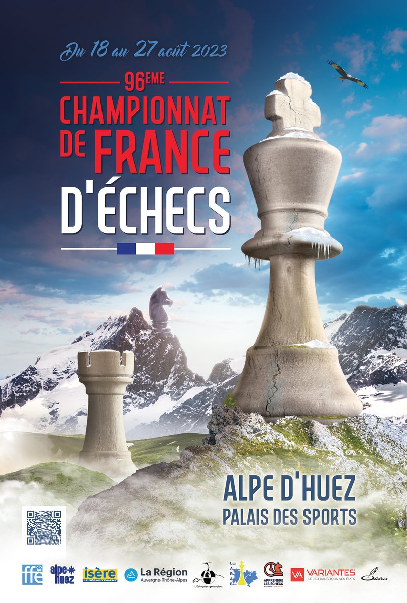 ChampFraEchecs's tweet photo. ⛰ Rendez-vous du 19 au 27 août 2023 à l'Alpe d'Huez pour le Championnat de France d'#Échecs !
📌 Retrouvez toutes les infos sur https://t.co/PpVmAukEsQ

#Alpedhuez2023 https://t.co/HOCEisc4Uw