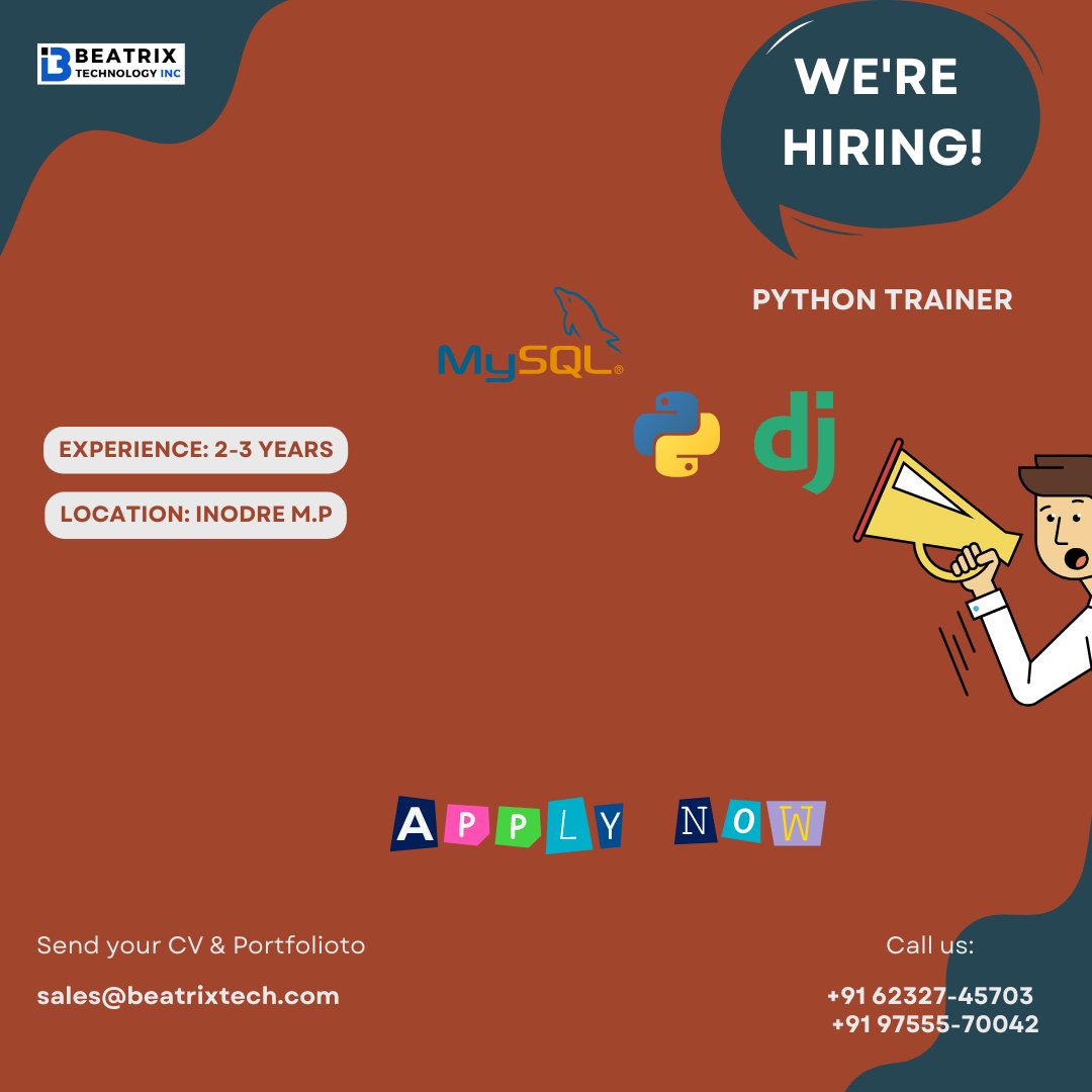beatrixtech's tweet image. Seeking a competitive edge in the job market? Our Python training will give you the edge you need to stand out from the crowd.
Send your CV to: sales@beatrixtech.com
Call:- +91 62327-45703
#PythonJobSkills #PythonExpert #CodingTrainer #CodingInstructor #ProgrammingEducation