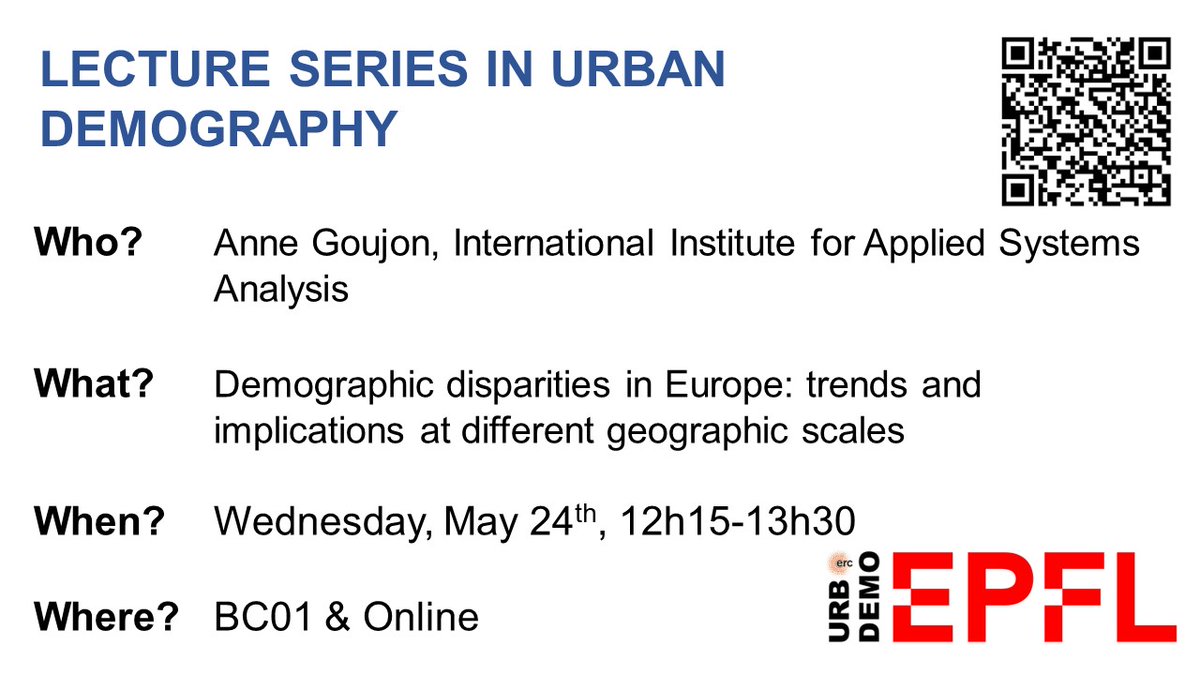 🚨URBDEMO Lecture Series

We are excited that this Wednesday @goujon_anne from <a href="/IIASAVienna/">IIASA</a> will be with us to discuss demographic disparities in Europe: trends and implications at different geographical scales. Please join us! 

<a href="/EAPS_pop/">EAPS</a> <a href="/PopulationEU/">Population Europe</a> <a href="/WiCVienna/">Wittgenstein Centre</a>  <a href="/epflENAC/">EPFL-ENAC</a>