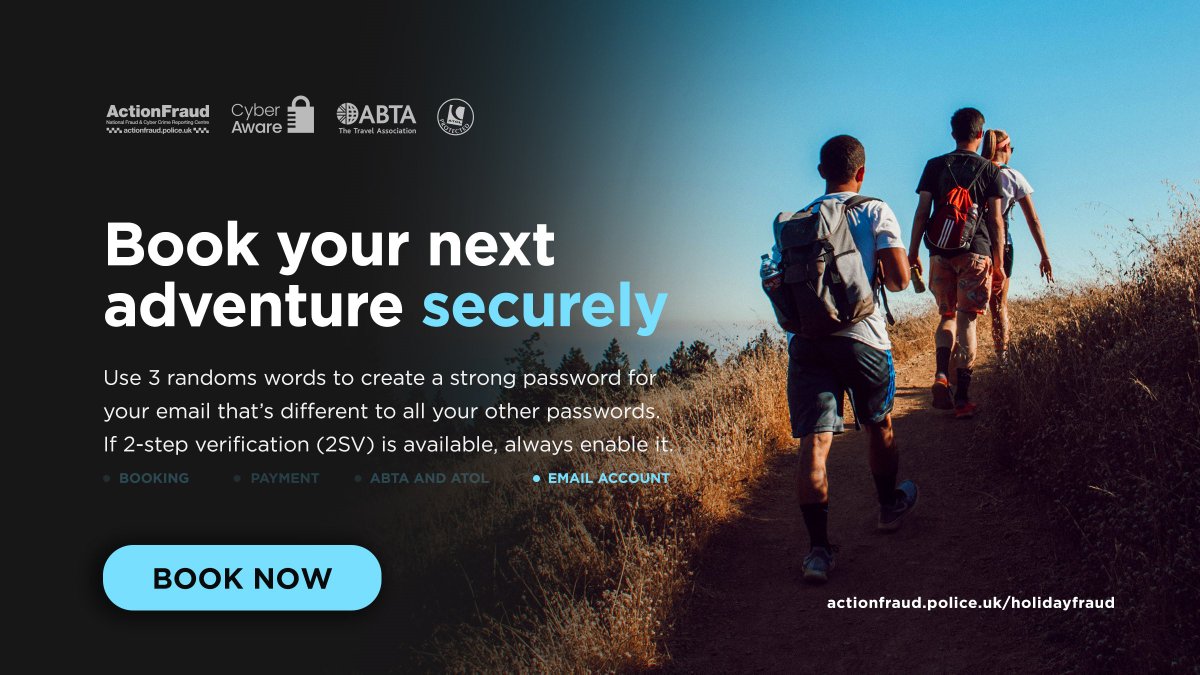 nereccu's tweet photo. 🚨Booking a holiday online? If your email is hacked, your booking could be at risk too!

✅Use 3 randoms words to create a strong password for your email that’s different to all your other passwords.

More info here: https://t.co/YT3cL76I2B

#HolidayFraud #reccc https://t.co/dEJnCmJ46z