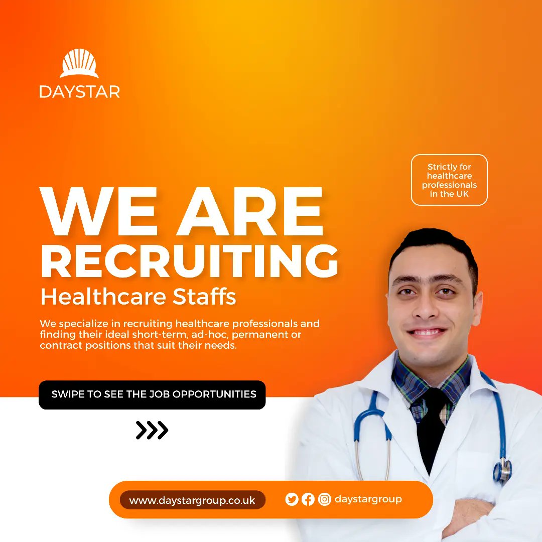 daystar_group's tweet photo. We are now recruiting!

We specialize in recruiting healthcare professionals and finding their ideal short-term , ad-hoc, permanent or contract positions that suit their needs.

Visit our website https://t.co/UnzdHTChLB to apply now.

#healthcarerecruitment #ukhealthcarejobs #uk https://t.co/Jh9AqAfz91