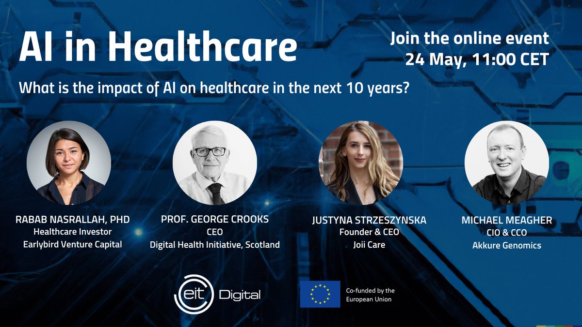 Earlybird VC (@earlybirdvc) on Twitter photo 🤖🏥How is #AI transforming #healthcare?
Join <a href="/EIT_Digital/">EIT Digital</a> virtual panel with <a href="/NasrallahRabab/">Rabab Nasrallah</a> from Earlybird Health with <a href="/CrooksGeorge/">Prof. George Crooks</a> of <a href="/dhiscotland/">Digital Health & Care Innovation Centre (DHI)</a>, Justyna Strzeszynska of <a href="/joiicare/">Joii</a> & Michael Meagher of <a href="/Akkure_Com/">Akkure Genomics</a>
📅 May 24, 11 am CET
👉More at bit.ly/3Mo8ZrX 🤖🏥How is #AI transforming #healthcare?
Join <a href="/EIT_Digital/">EIT Digital</a> virtual panel with <a href="/NasrallahRabab/">Rabab Nasrallah</a> from Earlybird Health with <a href="/CrooksGeorge/">Prof. George Crooks</a> of <a href="/dhiscotland/">Digital Health & Care Innovation Centre (DHI)</a>, Justyna Strzeszynska of <a href="/joiicare/">Joii</a> & Michael Meagher of <a href="/Akkure_Com/">Akkure Genomics</a>
📅 May 24, 11 am CET
👉More at bit.ly/3Mo8ZrX
