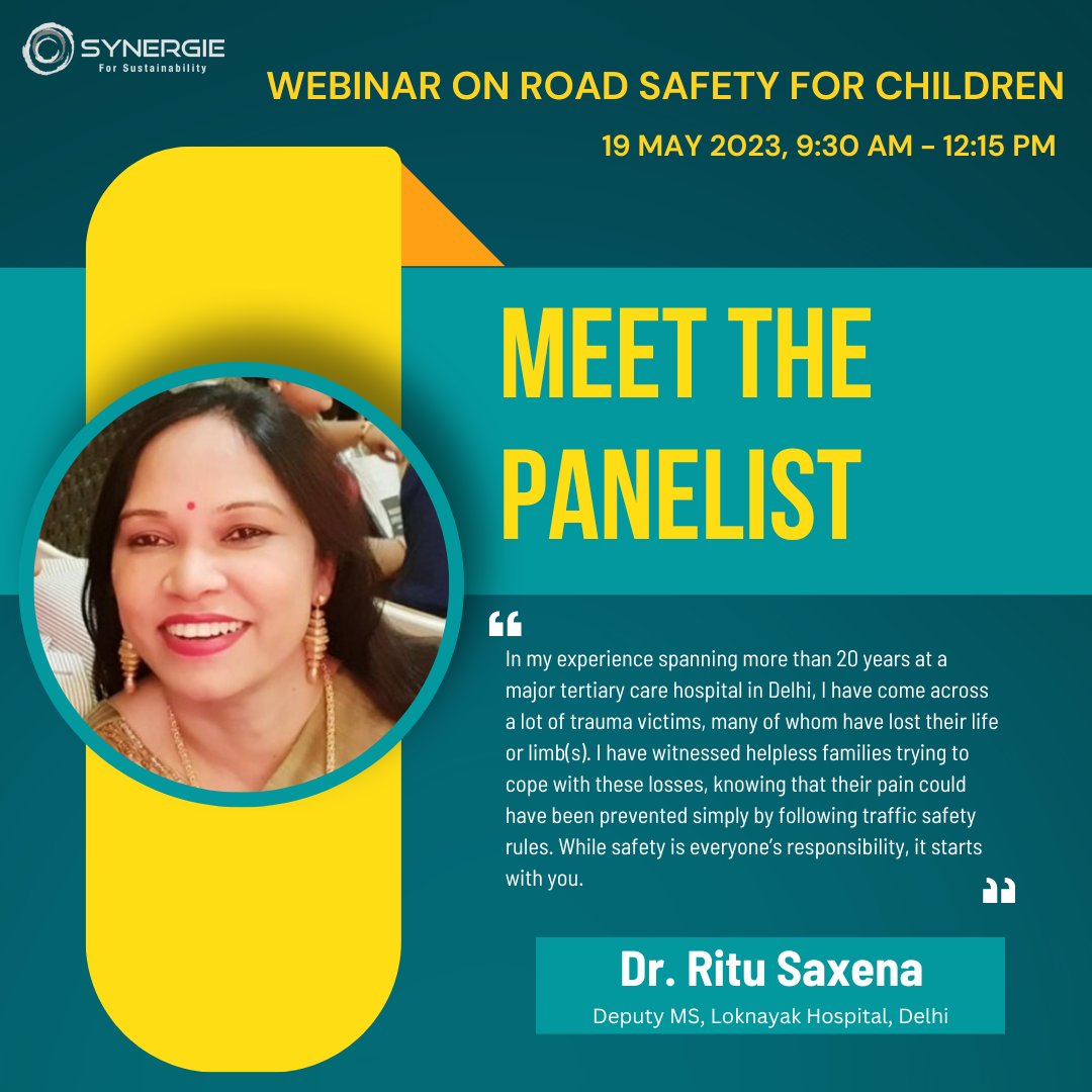 Synergie (@csrsynergie) on Twitter photo Meet our panelist:
Dr. Ritu Saxena
Deputy MS, Loknayak Hospital, Delhi
#roadsafety #childrenroadsafety #rethinkmobility #streetsforlife #drivesafe #socialimpact #webinar #ungrsw #sustainability #accidentprevention #CSR #hospital #Delhi Meet our panelist:
Dr. Ritu Saxena
Deputy MS, Loknayak Hospital, Delhi
#roadsafety #childrenroadsafety #rethinkmobility #streetsforlife #drivesafe #socialimpact #webinar #ungrsw #sustainability #accidentprevention #CSR #hospital #Delhi